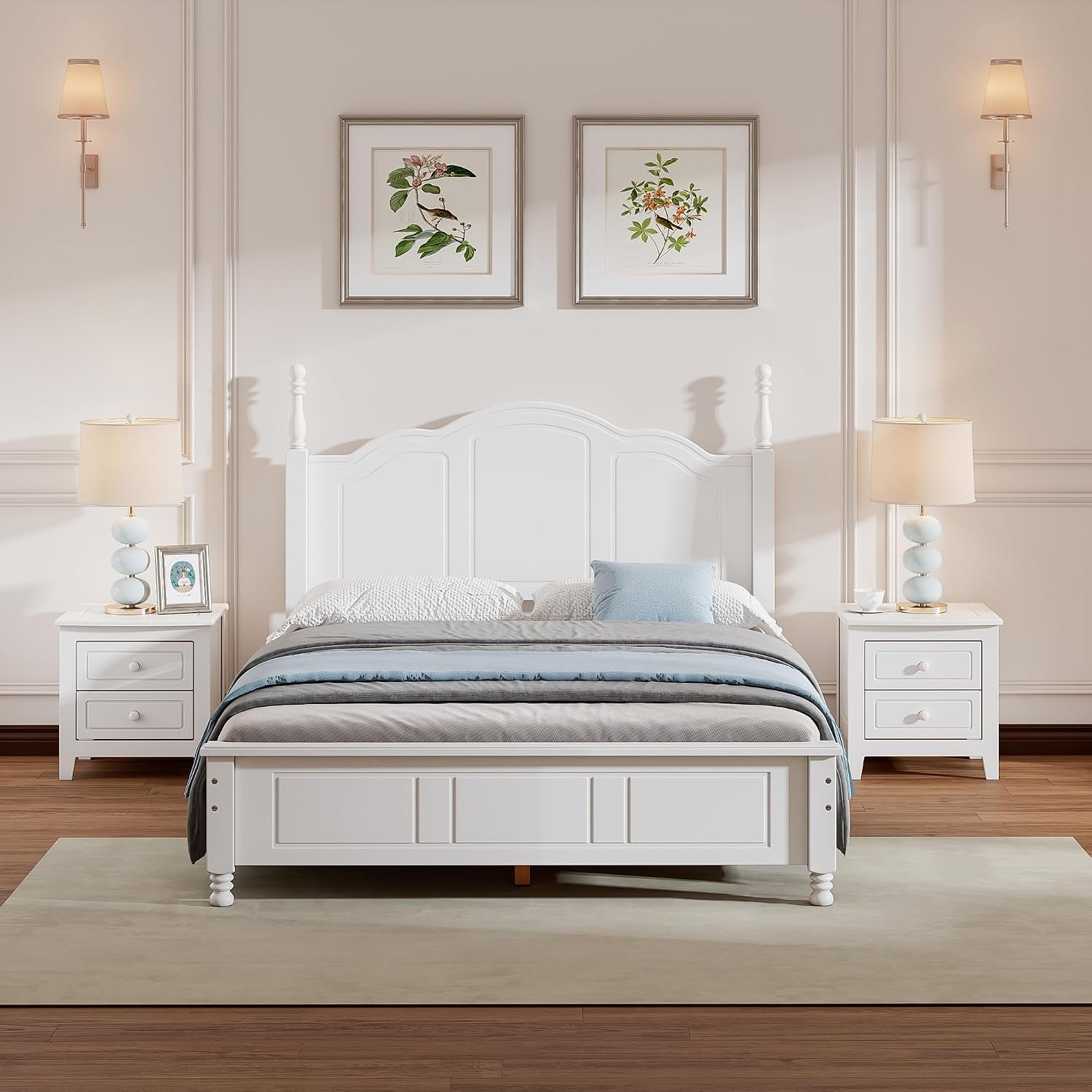 3-Pieces Bedroom Sets, Full Size Wood Platform Bed and 2 Nightstands, Retro Style Platform Bed with Wooden Slat Support and Headboard,No Box Spring Needed, Easy Assembly (White-O8S)