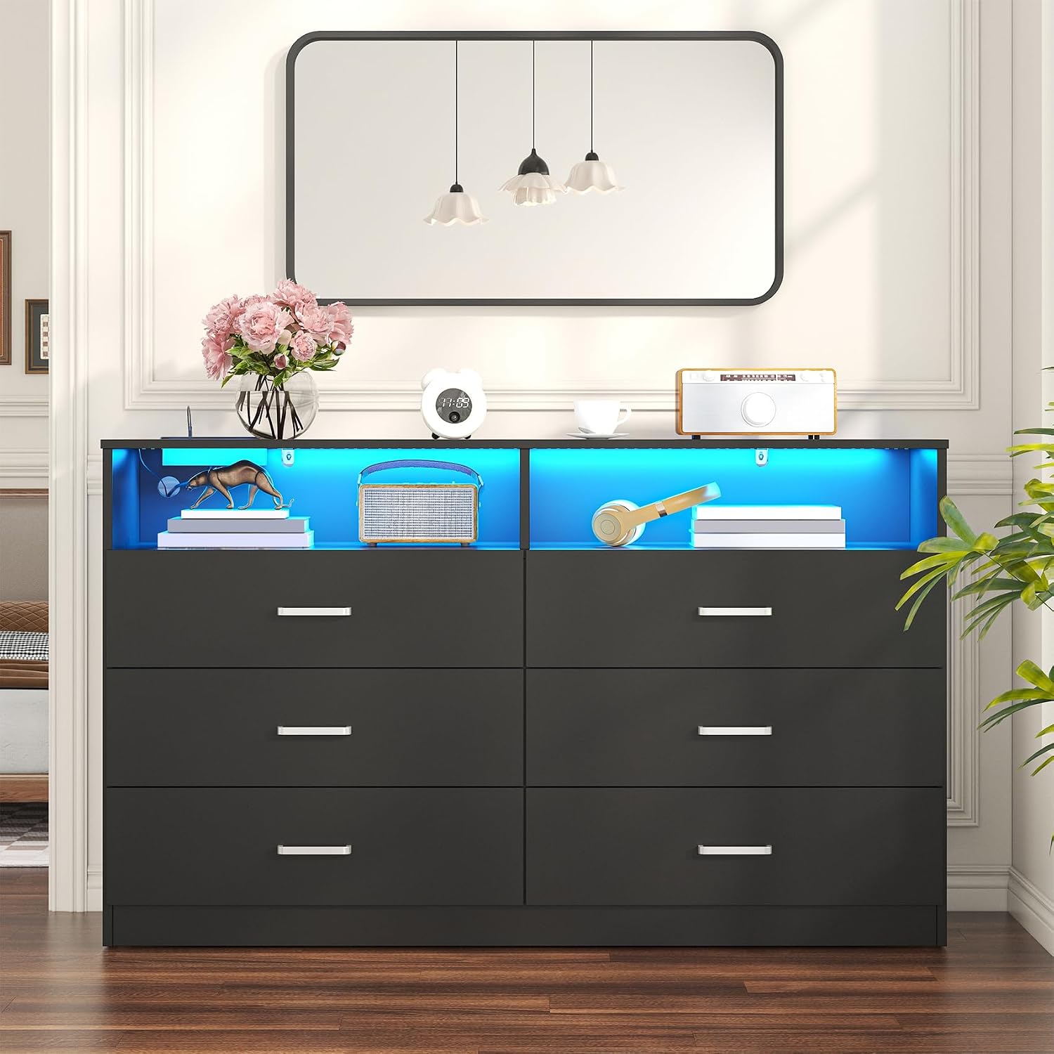 Bigbiglife Dresser for Bedroom, 6 Drawer Dresser with Charging Station and Led Light, Modern Chest of Drawers for Bedroom, Living Room,Black