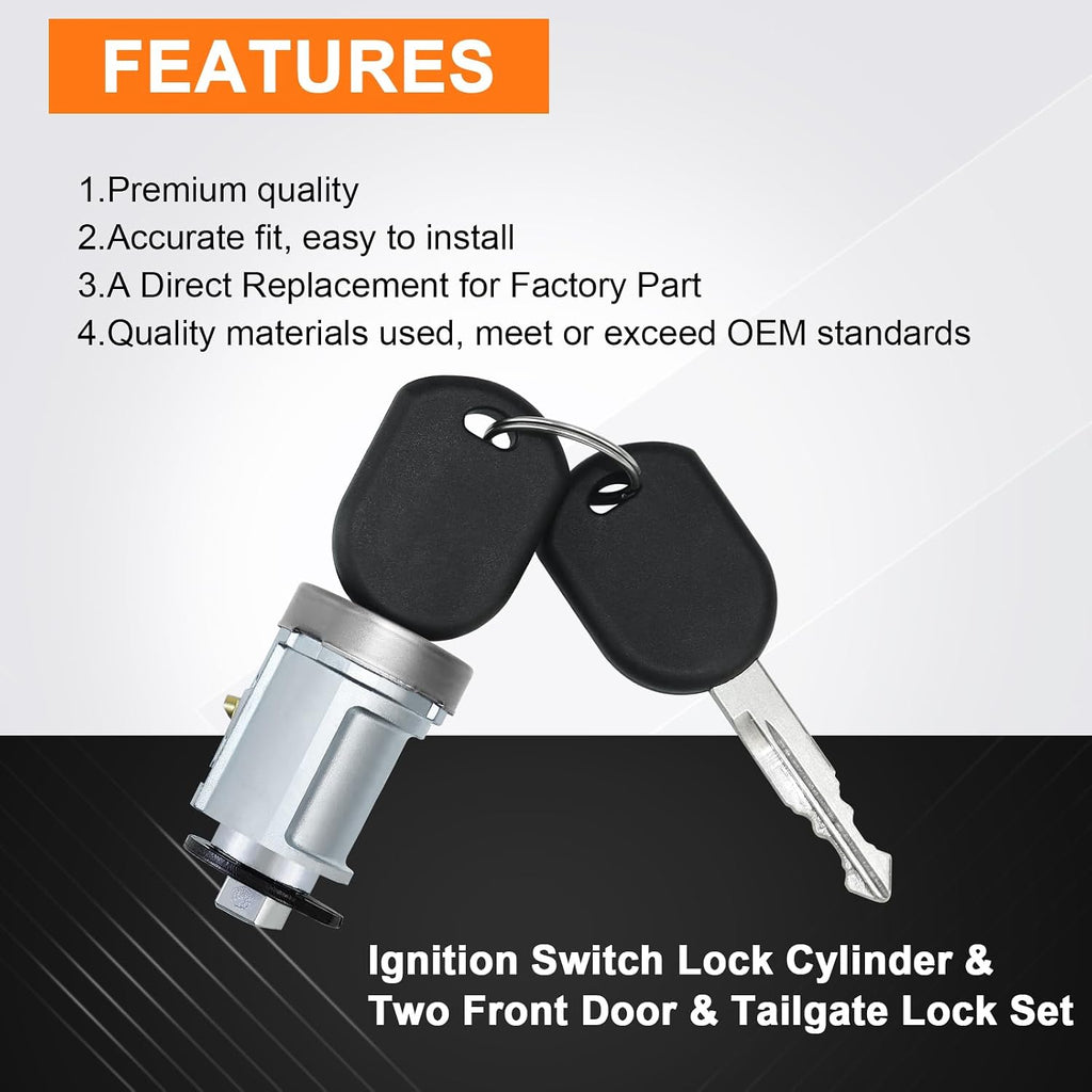 for Ford F150 2004-2014, F250 2008-2016, F350 2008-2016 Ignition Switch Lock Cylinder & Door Lock Cylinders & Pickup Tailgate with Lock Pawl Lever Set W/2 PATS Keys Replace# 924-717+DL5885(with Chip)