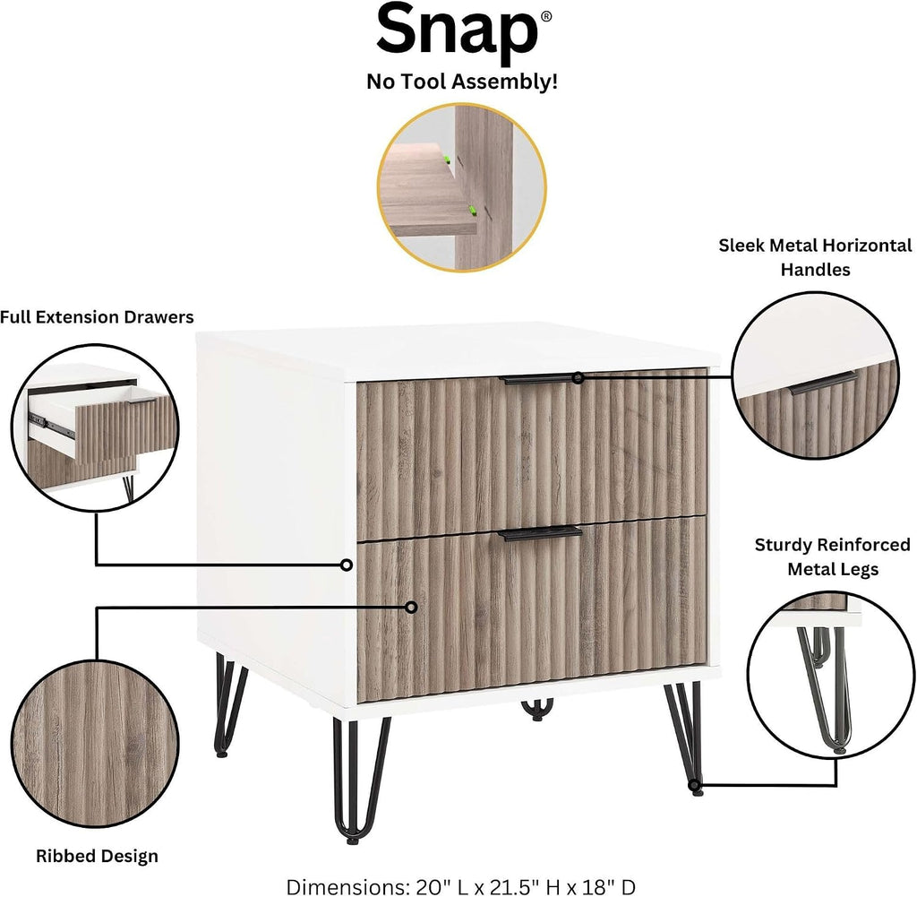 Manhattan Comfort Dumbo 3-Piece Modern Dresser Drawer and Nightstand Set, Tall and Double - Vertical Ribbed Design - No Tool Assembly Storage for Bedroom & Living Room, White/Grey