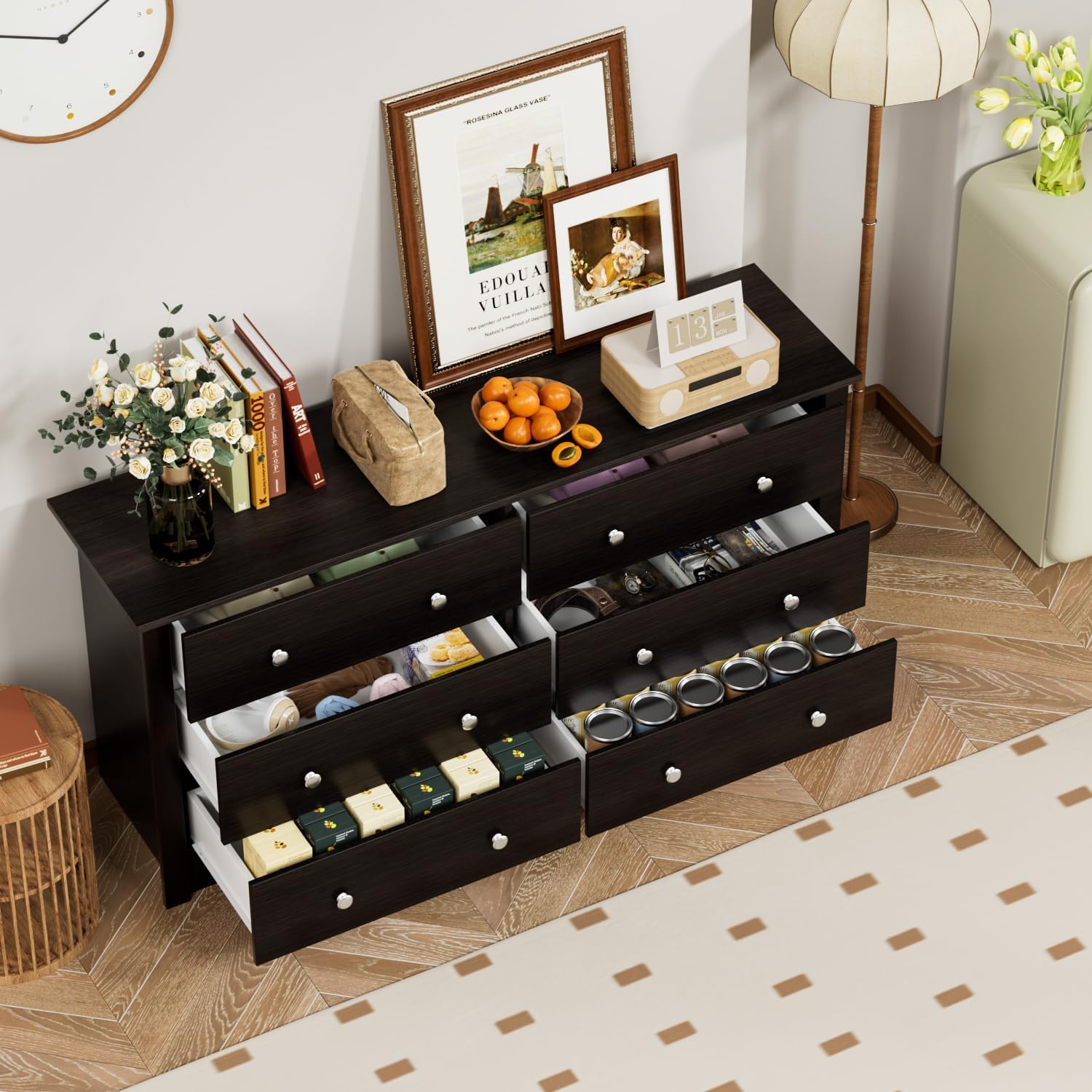 YESHOMY Dresser for Bedroom with 6 Drawers, 58' Wide Modern Chest of Drawers, Wooden Dresser, Storage Organizer for Living Room, Hallway, Deep Brown