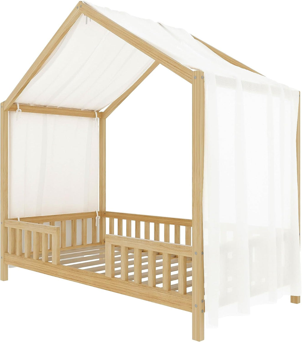 Twin Size House-Shape Bed with Canopy and High Railings, Wood Kids Bed Frame with Roof (Natural, Twin)