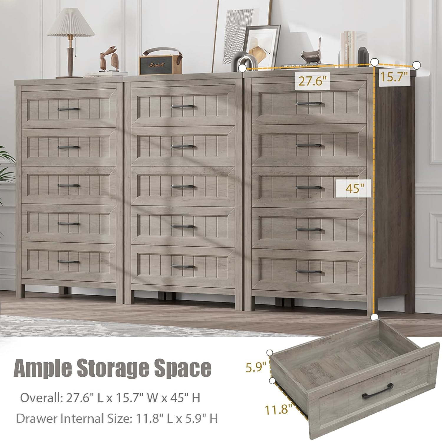 Jocoevol 5 Drawer Dresser for Bedroom - Farmhouse 44.9' Tall Chest of Dresser with Large Storage, Rubst Wood Construction for Living Room, Hallway & Entryway - Gray