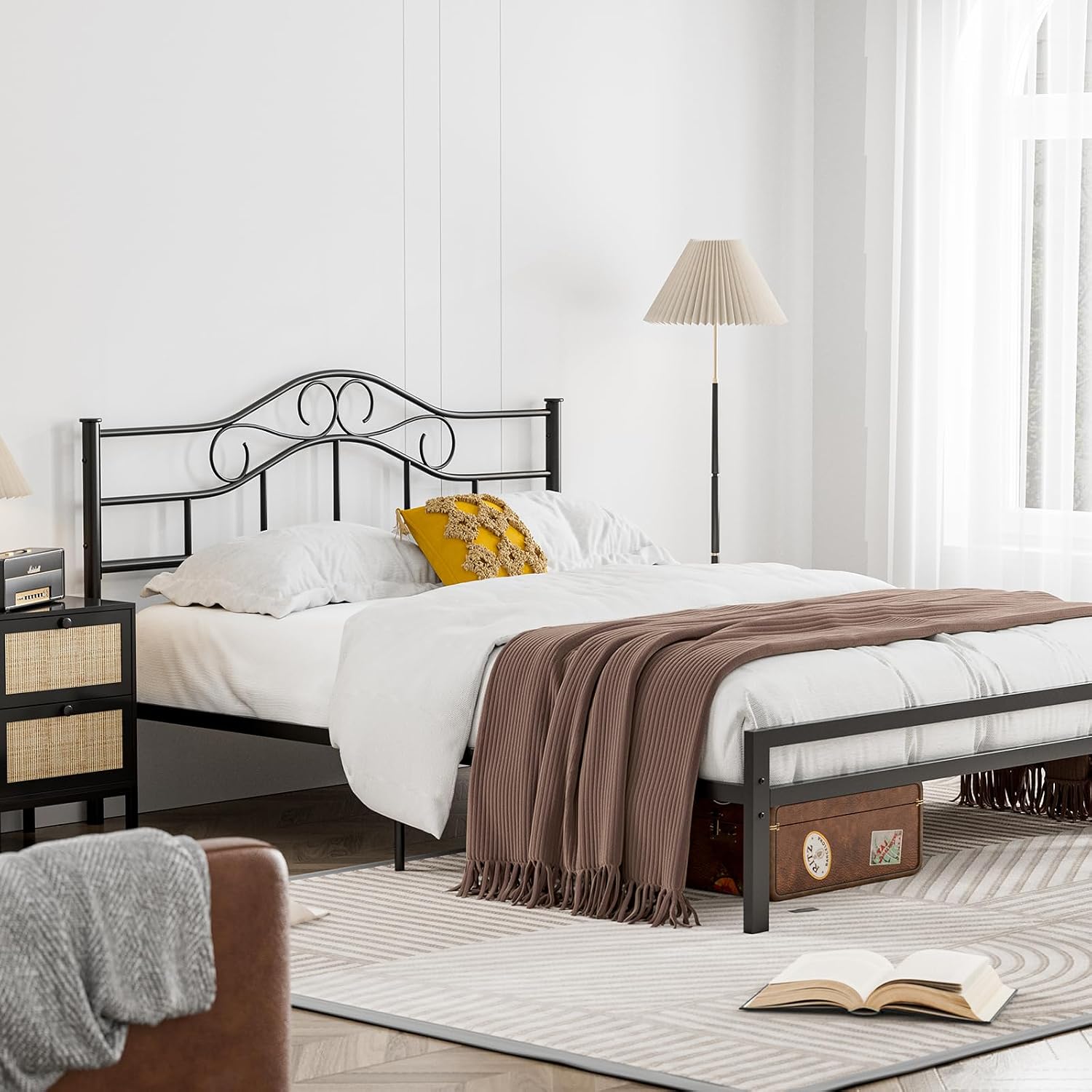 IKIFLY Metal Queen Size Headboard, Adjustable Height, Heavy Duty Steel Curved Queen Headboard Only for Bedroom, Farmhouse Scrollwork Design, Easy Assembly, Attach Frame, Black
