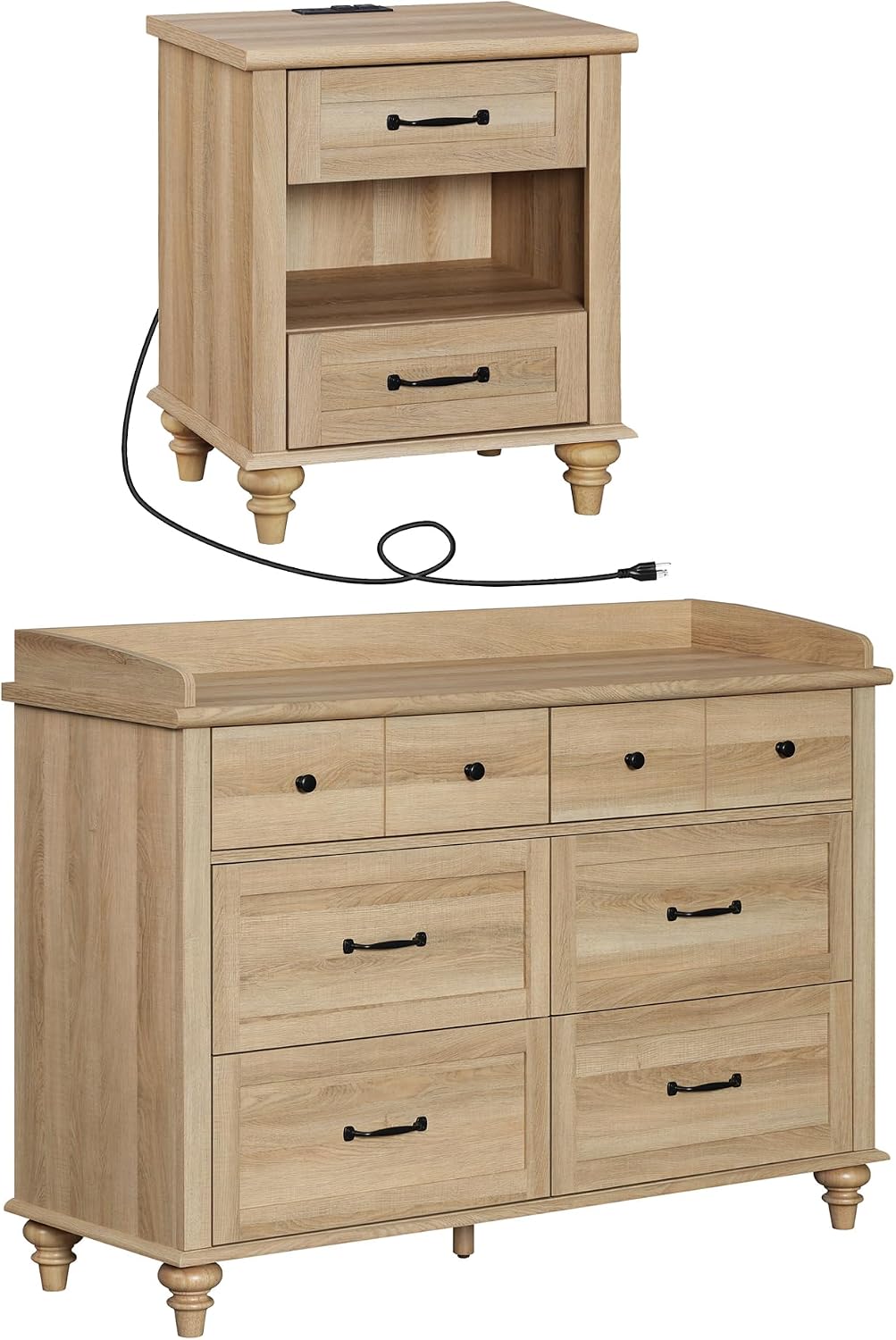 WAMPAT 2 Piece Bedroom Set - Includes 6 Drawer Dresser for Bedroom, Farmhouse Nightstand with Charging Station & Drawers & Cubby, 2 Piece Dresser and Nightstand Sets, Oak