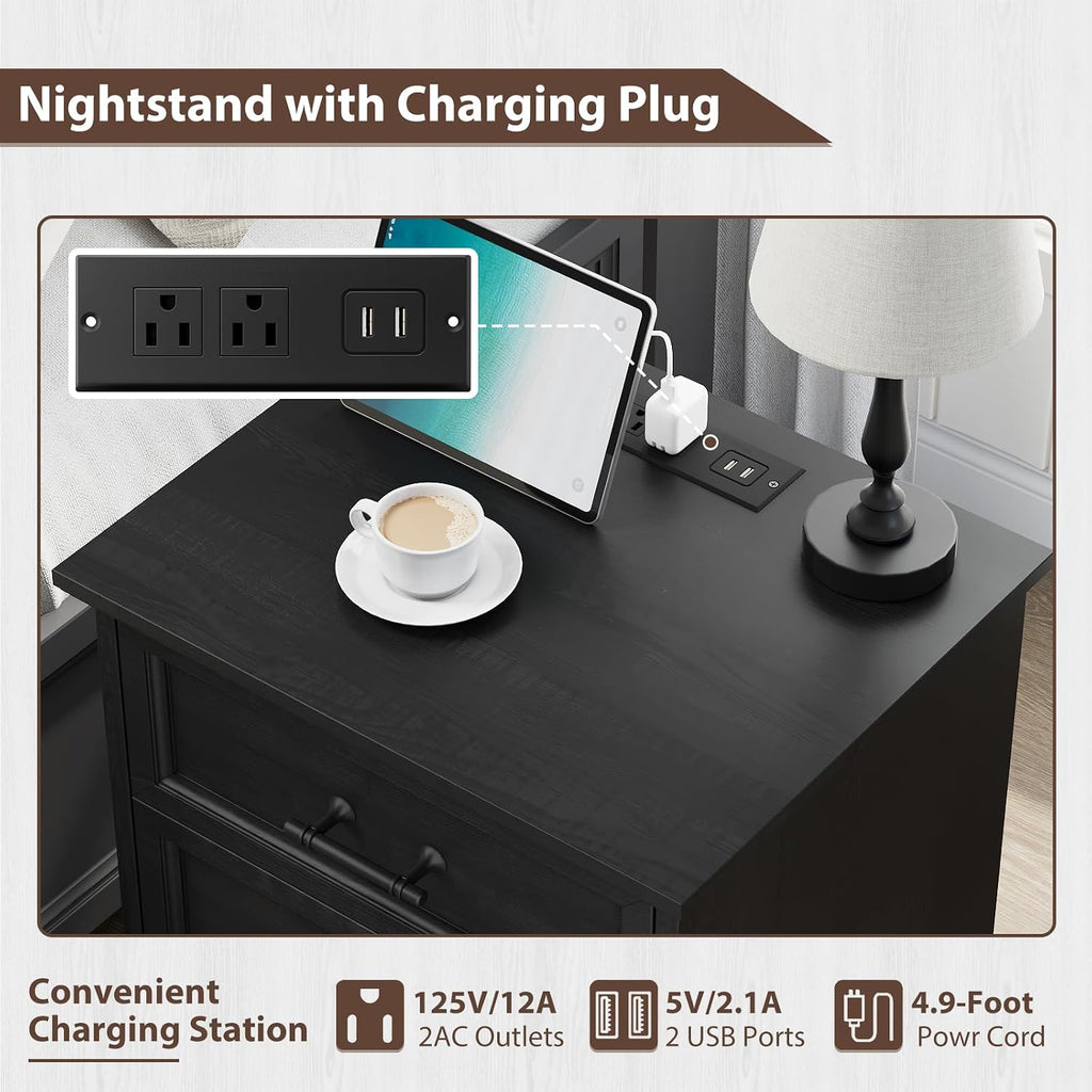Black Nightstand with Charging Station, 19.7' Farmhouse End Table with 3 Drawers Storage, Bedside Table with Brushed Metal Handles, Unique Base Design, 3 Drawer Dresser for Bedroom, Living Room