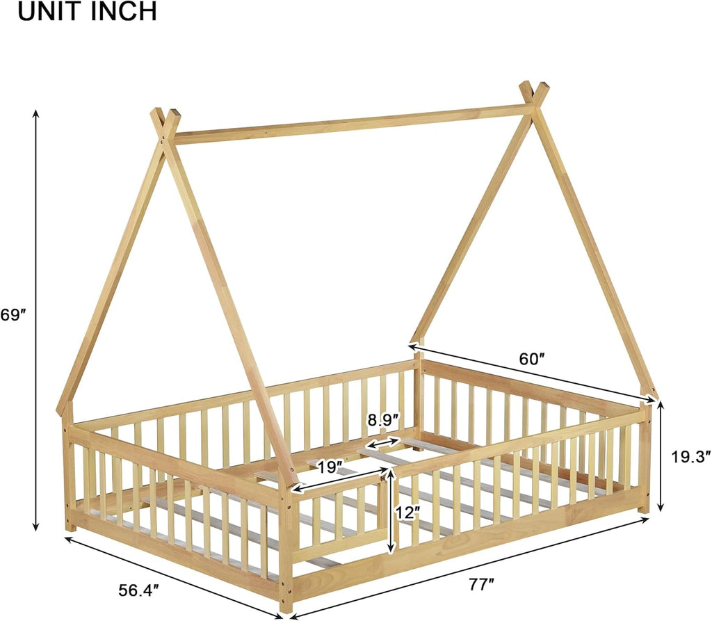 Bellemave Full Size Tent Floor Bed for Kids,Montessori Floor Bed with Door and Guardrails,Teepee Bed for Girls Boys(Full,Natural)