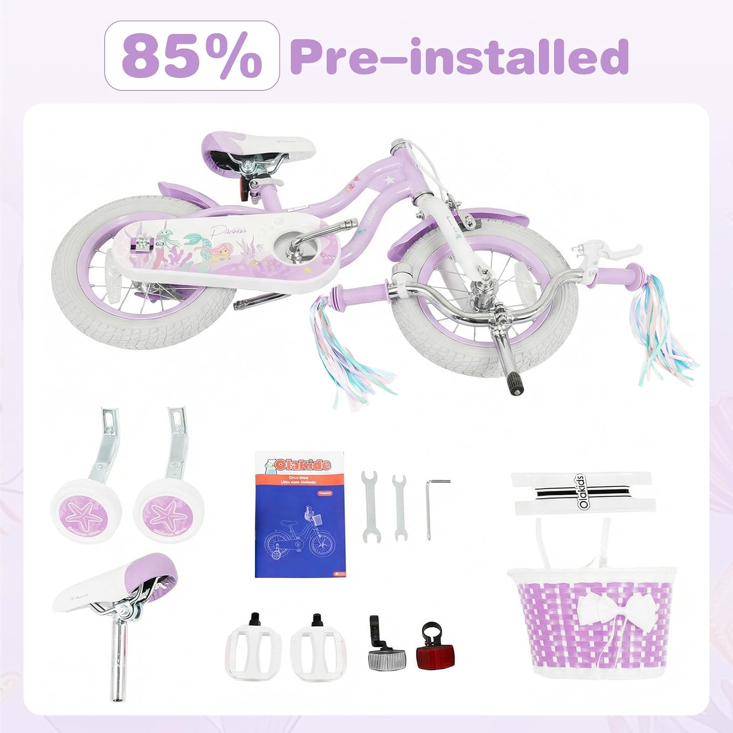 Olakids Kids Bike, 12 14 16 18 20 Inch Mermaid Theme Girls Bicycle with Training Wheels Basket Adjustable Seat and Handlebar Dual Brake