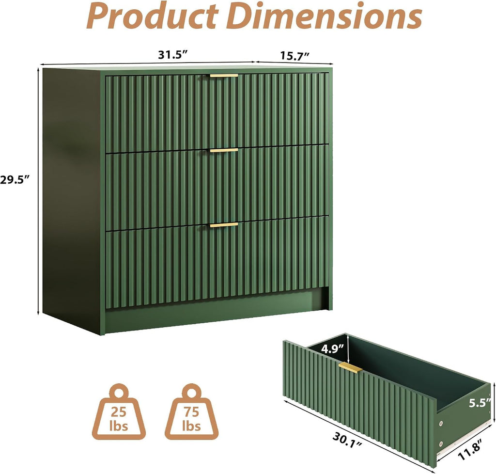 MAISONARIA Green Fluted Dresser for Bedroom, 32 Inch Wide Nightstand with Large Drawer, 3 Drawer End Table for Bedroom, Living Rooms, Offices, and Entryways