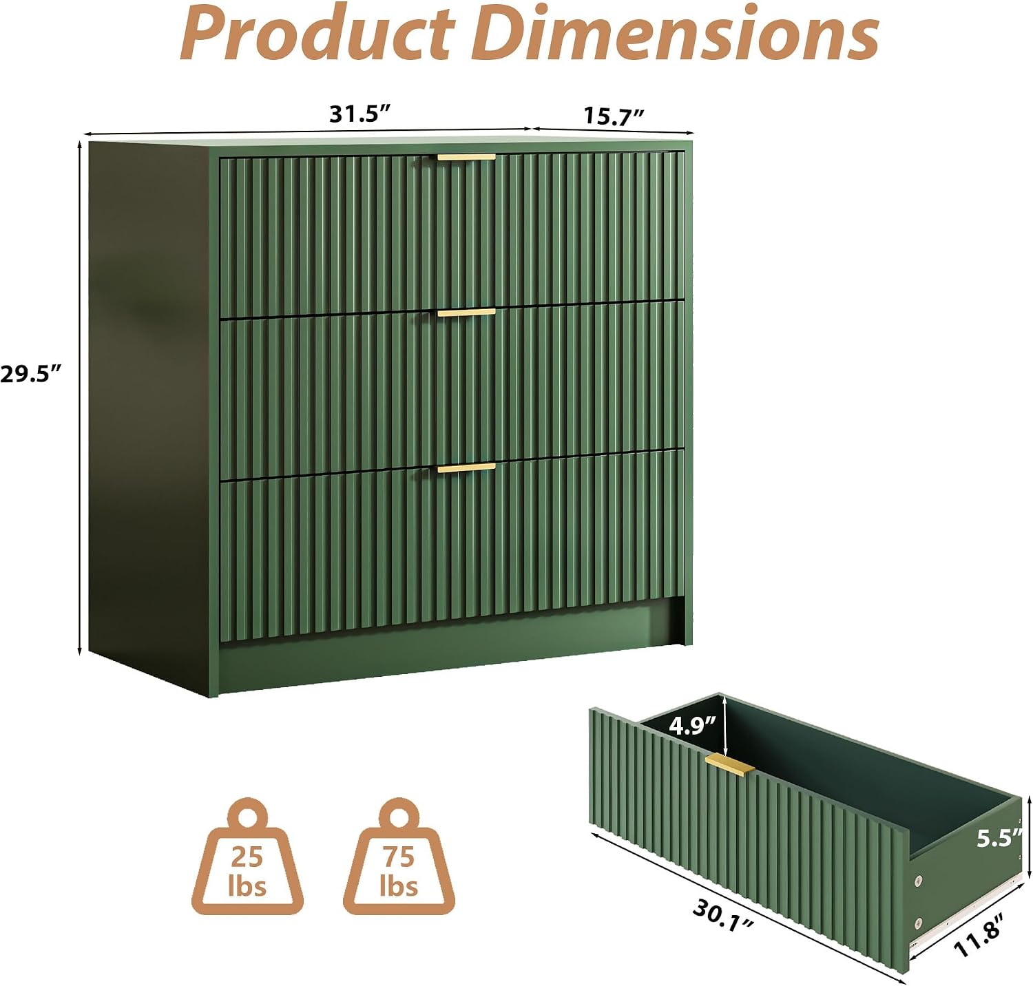 MAISONARIA Green Fluted Dresser for Bedroom, 32 Inch Wide Nightstand with Large Drawer, 3 Drawer End Table for Bedroom, Living Rooms, Offices, and Entryways
