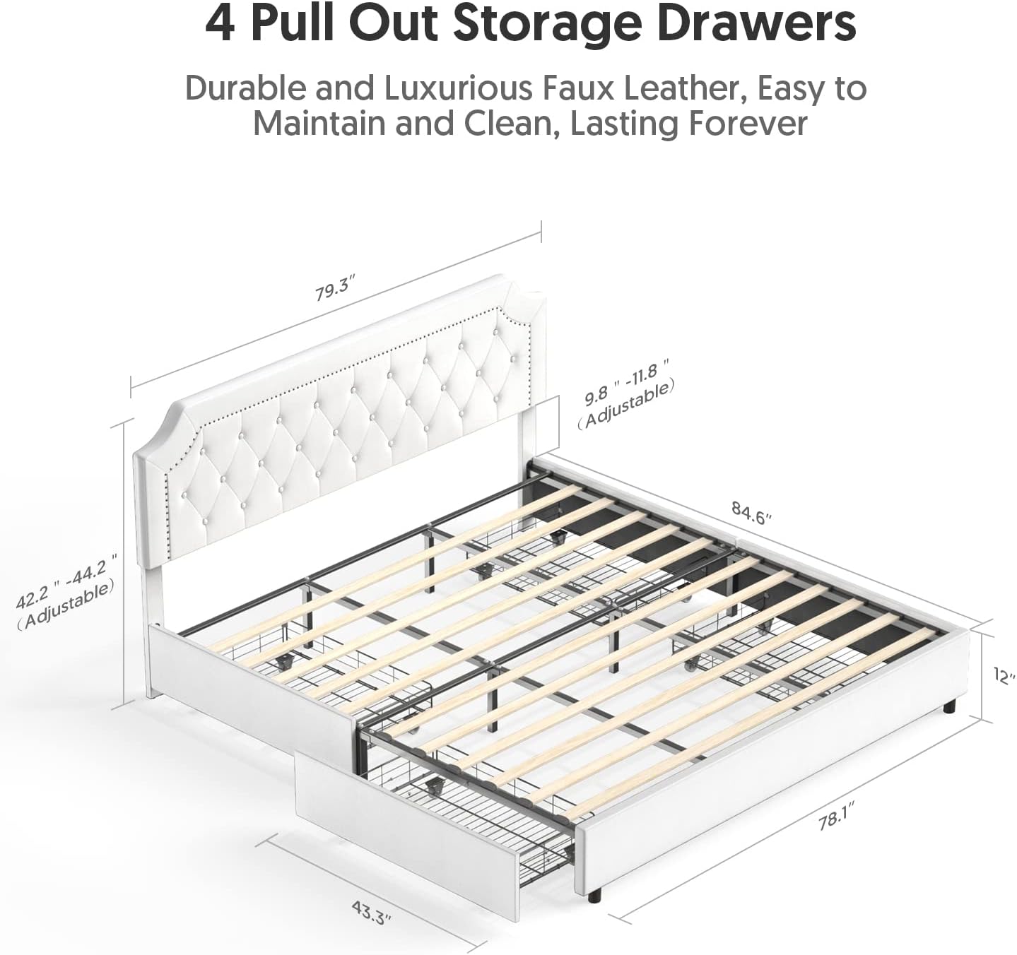 BONSOIR King Size Storage Bed Frame Upholstered Low Profile Traditional Platform with Tufted and Nail Headboard/4 Pull Out Drawers/White Faux Leather