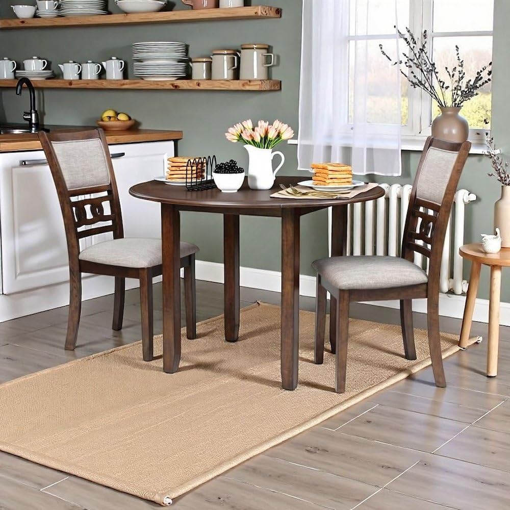 Furnifact Round Small Dining Table for 2 – Classic Wooden Kitchen Table for 2 with Chairs, Ideal for Compact Dining Areas