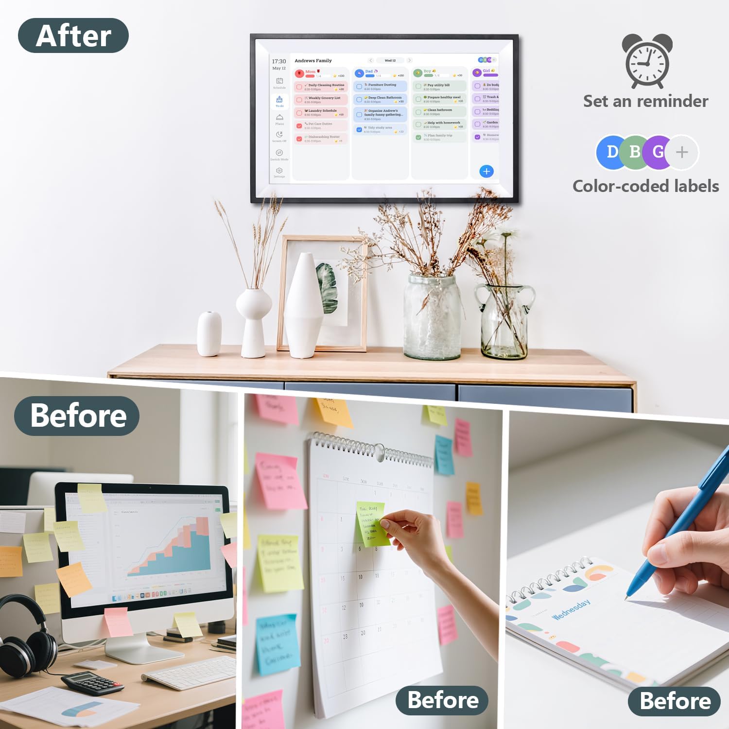 15.6' Digital Calendar Chore Chart – 1080P Full HD Interactive Touchscreen, Smart Family Planner, Hearth Display Digital Calendar Wall & Desk Mountable for Seamless Scheduling (Black)