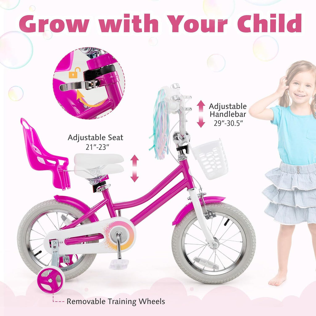 HONEY JOY Kids Bike, 12 14 16 18 Inch Girls Bike w/Training Wheels, Doll Seat, Streamers, Handbrake & Coaster Brake, Fully Enclosed Chain, Princess Style Children Bicycle, Gift for Girls 3-8