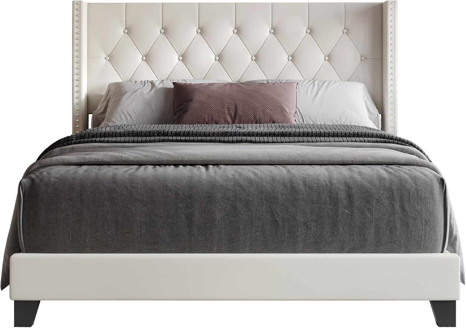 HOME DESIGN Homer Queen Tufted Wingback Upholstered Panel Bed with 2 Matching 1 Drawer Nightstands, Bedroom Furniture Set with Open Shelf Storage, Light Beige Black