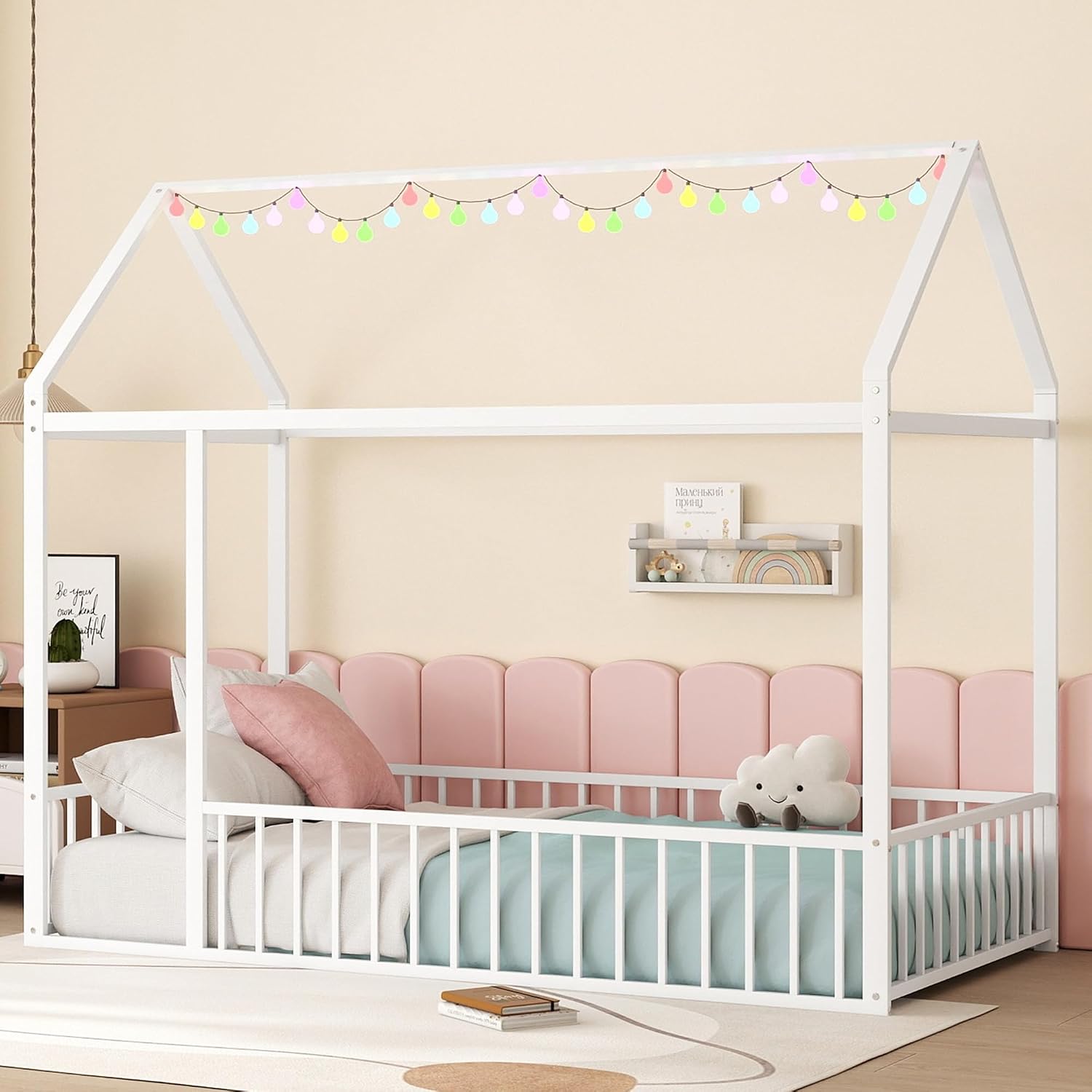 Bellemave Twin Floor Bed Frame, Metal Montessori Floor Bed Twin with Fence for Boys Girls Bedroom Playhouse for Kids No Slat, Easy Assembly House Shaped Floor Beds White