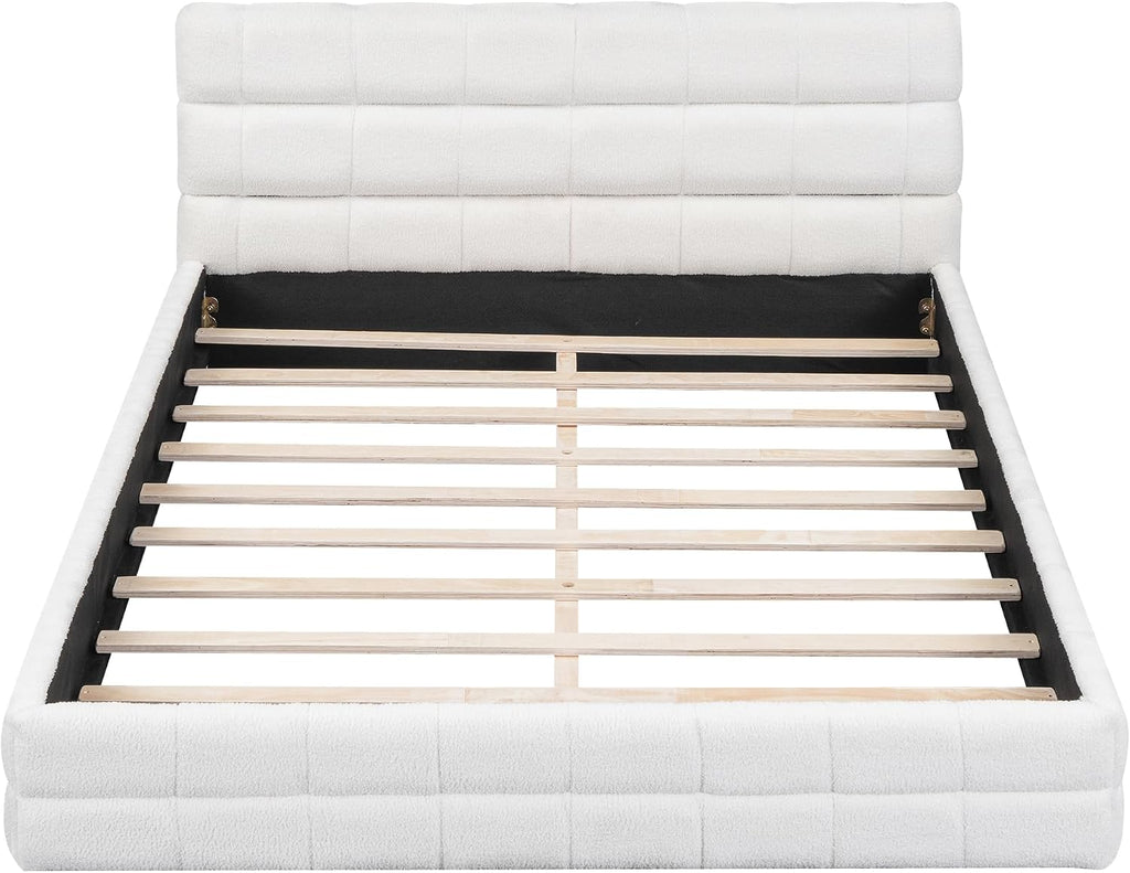 Queen Size Upholstered Platform Bed, Velvet headboard,Wood Slat Support, No Box Spring Needed,Easy Assembly,Bedroom Set (A+White)