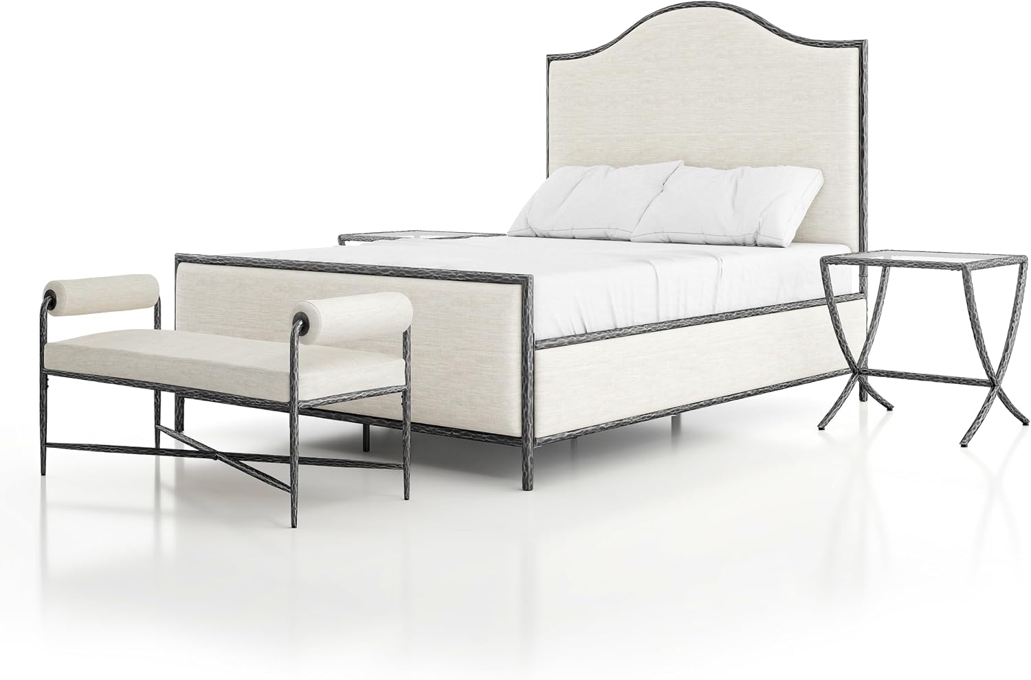 24/7 Shop at Home Lalia Hammered Metal 4-Piece Bedroom Collection, Upholstered Bed Frame with Camelback Headboard, Forged Steel, Bench and Curved Nightstands, Foundation Required, Queen, Matte Grey