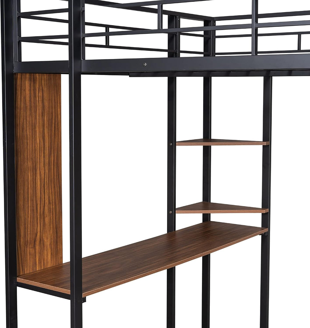 Full Size Loft Bed with 2 Shelves and Desk, Metal Structure Bed Frame with Build-in Ladders and Safety Guardrail for Dorm, Bedroom, Guest Room, No Box Spring Needed (Black-02, Full)