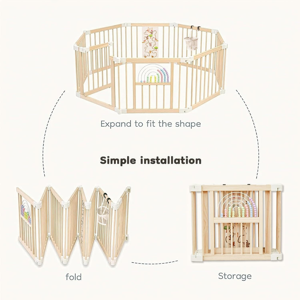 Ulnxiy Wooden Baby Playpen with Montessori Toys, 8-Panel Foldable Wood Play Yard for Toddlers, 56'x56' Large Baby Fence with Safety Lock, CPC Certified Natural Pine Wood Activity Center