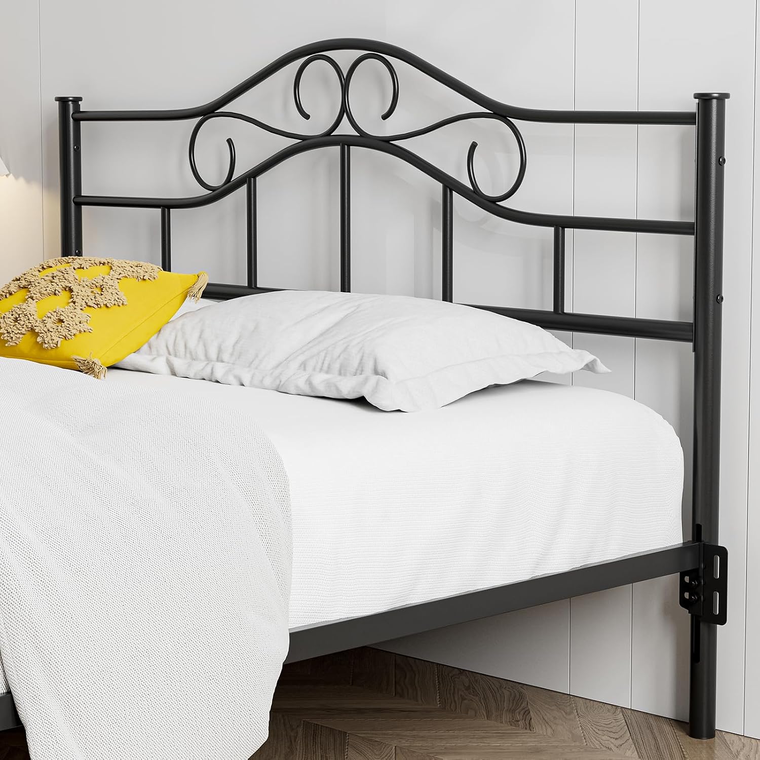 IKIFLY Metal Queen Size Headboard, Adjustable Height, Heavy Duty Steel Curved Queen Headboard Only for Bedroom, Farmhouse Scrollwork Design, Easy Assembly, Attach Frame, Black