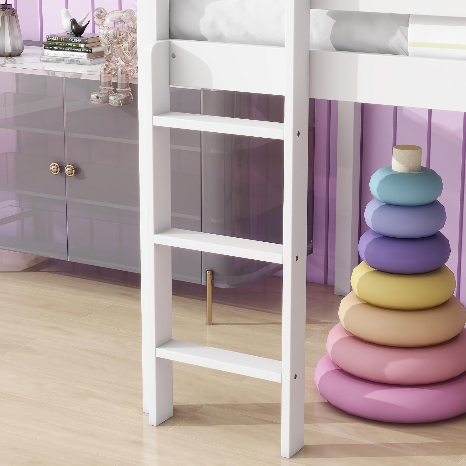 JIVOIT Twin Size Low Loft Bed with Slide and Ladder, Rubber Wood Twin Loft Bed with Under Bed Storage Space, Wood Slats Support, No Box Spring Needed (White/407)