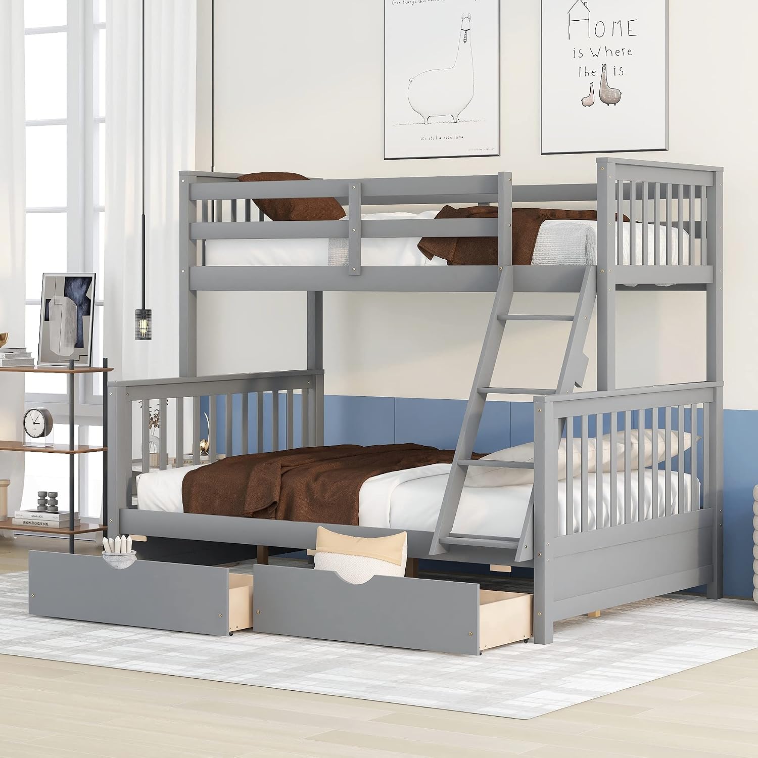 Twin Over Full Bunk Bed with Two Storage Drawers, Solid Wood Bunk Bed Frame Can be Converted Into 2 Separate Beds, Bedroom Furniture Bunk Bed with Ladders for Kids Teens Adults (Gray)