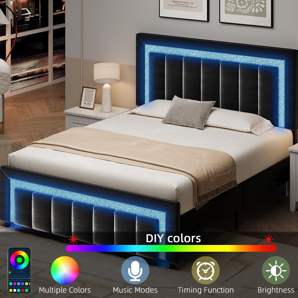 Queen Size Bed Frame with LED Lights and Velvet Upholstered Adjustable Headboard, Bed Frame Queen Size with Diamond Headboard & Footboard, Wooden Slats Support, Noise Free, No Box Spring Needed, Black