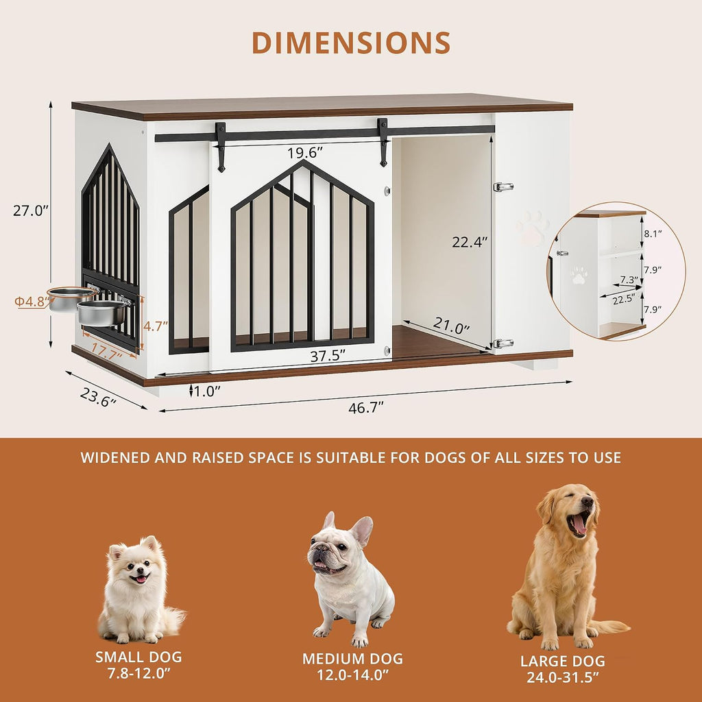 IRONCK Large Dog Crate Furniture with 2 Rotatable Dog Bowls, Wooden Dog Kennel with 2 Adjustable Shelves, Barn Doors Decorative Pet Cage Dog House as TV Stand, White