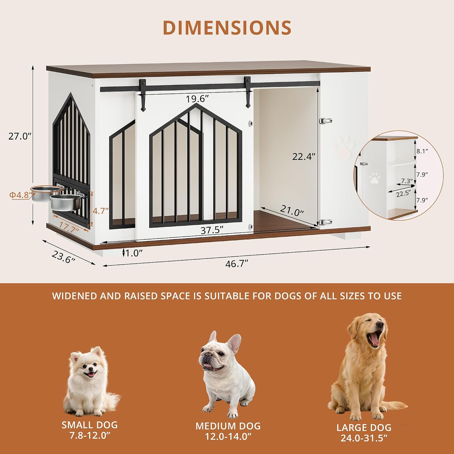IRONCK Large Dog Crate Furniture with 2 Rotatable Dog Bowls, Wooden Dog Kennel with 2 Adjustable Shelves, Barn Doors Decorative Pet Cage Dog House as TV Stand, White