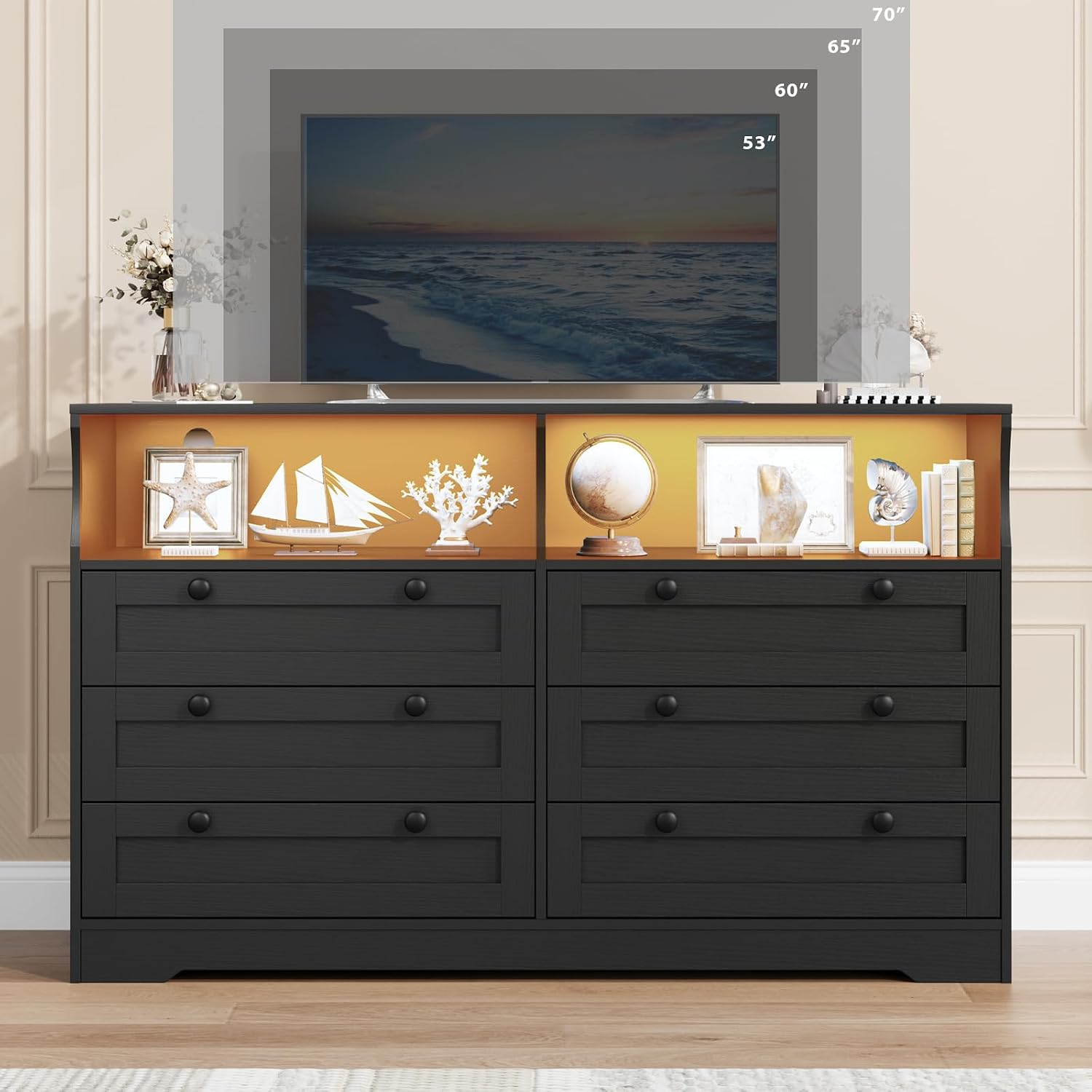 Garvee 6 Drawer Dresser for Bedroom, with RGB LED Lights & Power Outlet, 55' Wide Chests of Drawers Dresser TV Stand for 55 Inch TV, for Closet, Living Room, Entryway