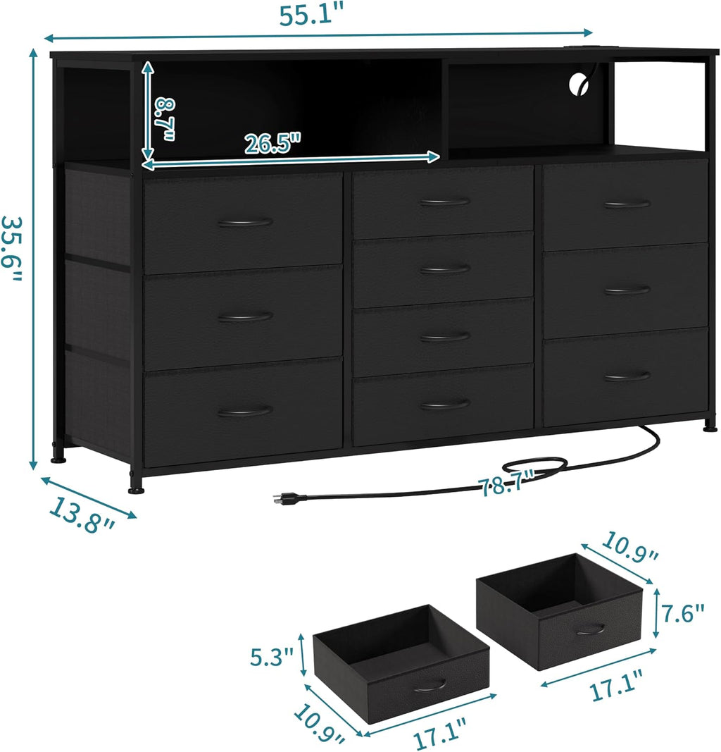 Unionly 55W 10-Drawers Dresser with 2 Open Storage Shelves, TV Stand Dresser for 55,65 inch TV，with Power Outlets and LED Lights, Fabric Dressers Drawers for Bedroom, Living Room (Black)