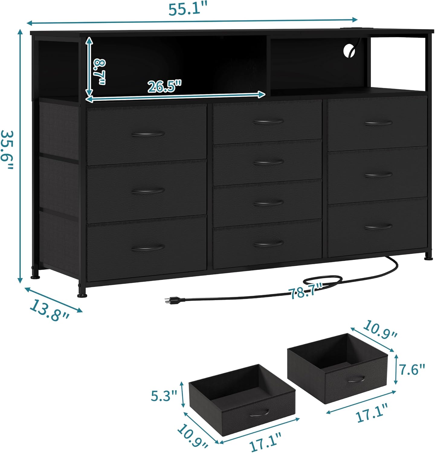 Unionly 55W 10-Drawers Dresser with 2 Open Storage Shelves, TV Stand Dresser for 55,65 inch TV，with Power Outlets and LED Lights, Fabric Dressers Drawers for Bedroom, Living Room (Black)