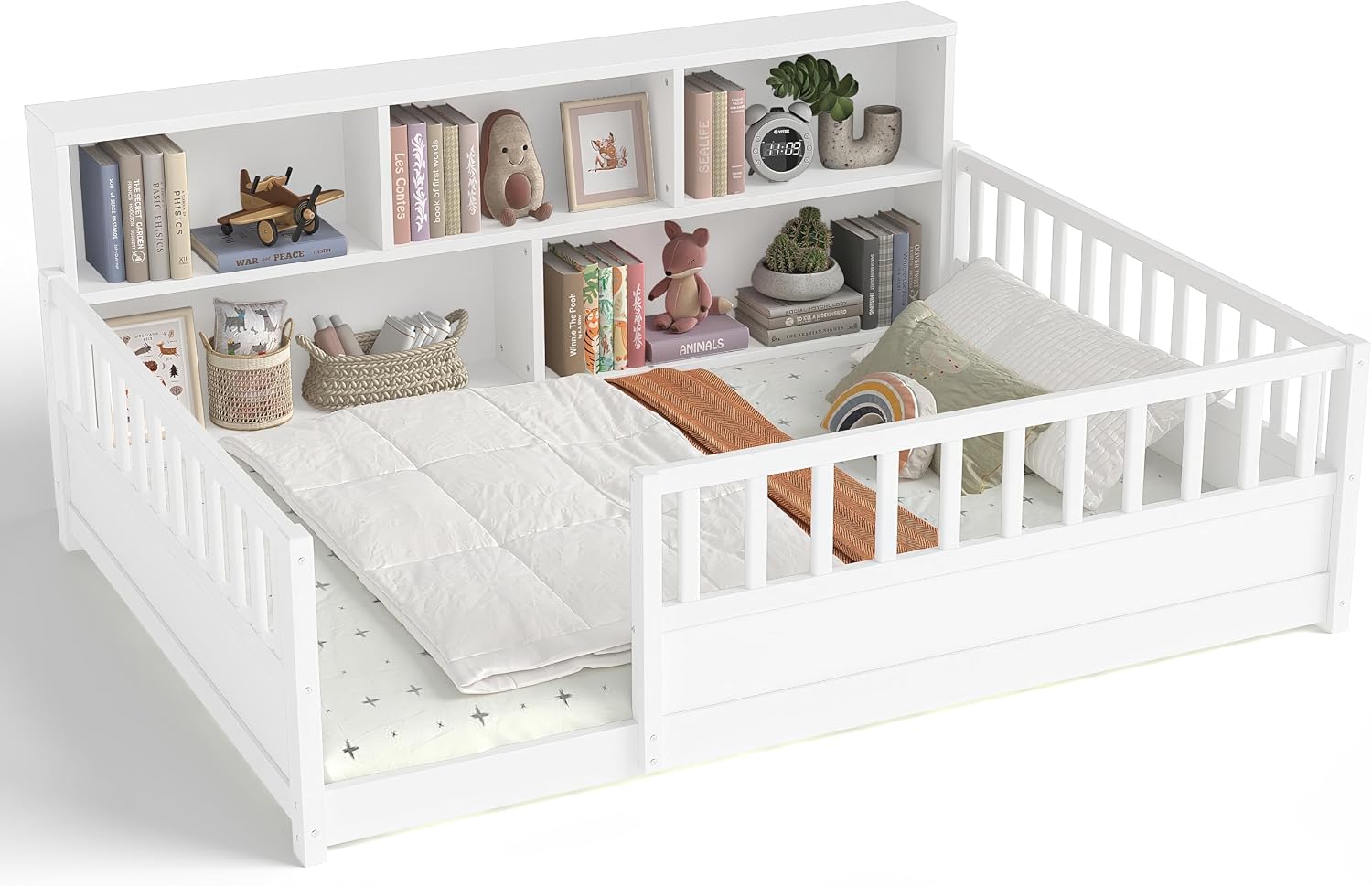 JIJIWANG Twin Size Floor Bed for Kids, Wooden Montessori Bed Frame with Bookcase, Storage Shelves & Safety Fence Rails, Floor Beds Full for Girls, Boys, No Box Spring Needed, Without Slats, White