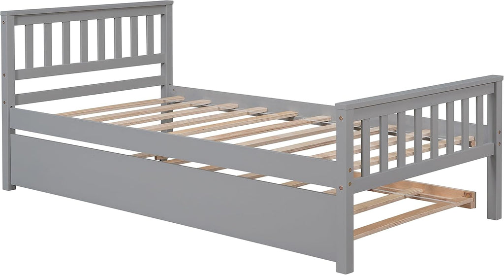 PVWIIK Twin Daybed with Trundle for Kids Bedroom,Wood Platform Bed Frame with Headboard and Footboard for Small Living Space,No Box Spring Needed,Grey