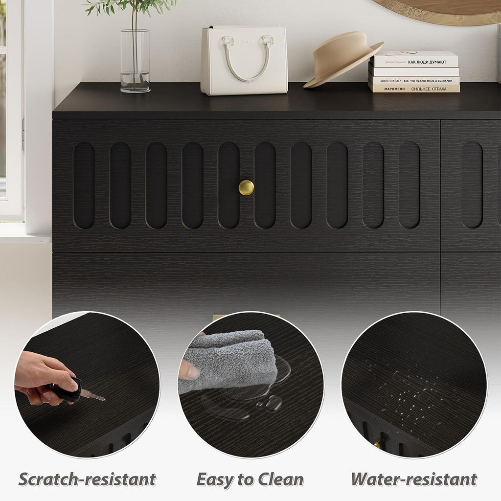 IBF Fluted Dresser with 6 Drawers for Bedroom, Large Wooden Chest of Drawers with Anti-Tipping Design for Men,Women, 54' Wide Modern Cloth Storage Dressers for Nursery,Closet,Living Room, Black Oak