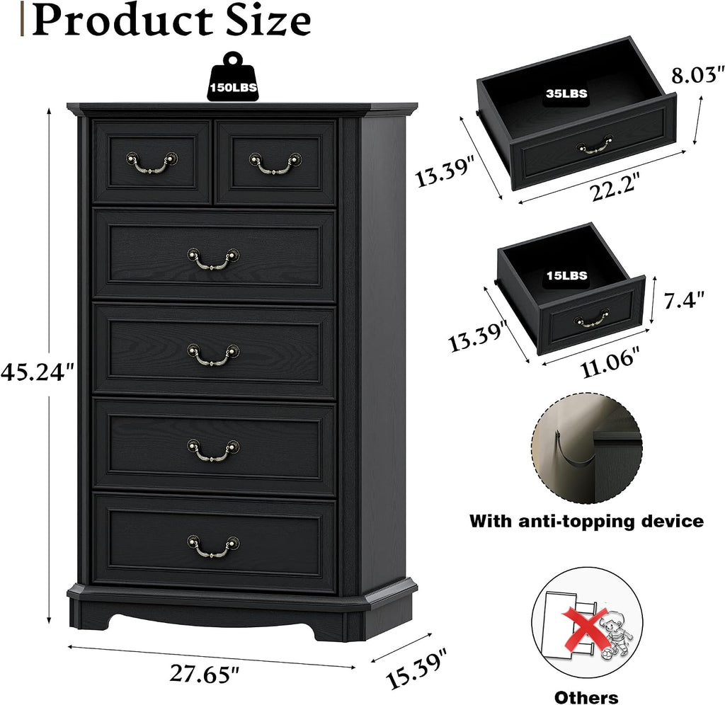 Farmhouse 6 Drawer Dresser for Bedroom, Tall Rustic Chest of Drawers with Metal Handle, Wood Vintage Storage Tower Cabinet, Wooden Closet Storage Dressers Organizer for Living Room, Hallway, Black
