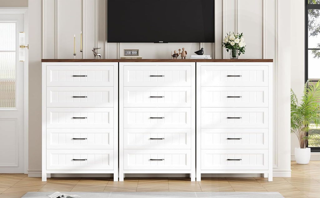 Jocoevol 5 Drawer Dresser for Bedroom - Farmhouse 44.9' Tall Chest of Dresser with Large Storage, Rubst Wood Construction for Living Room, Hallway & Entryway - White (White & Brown)