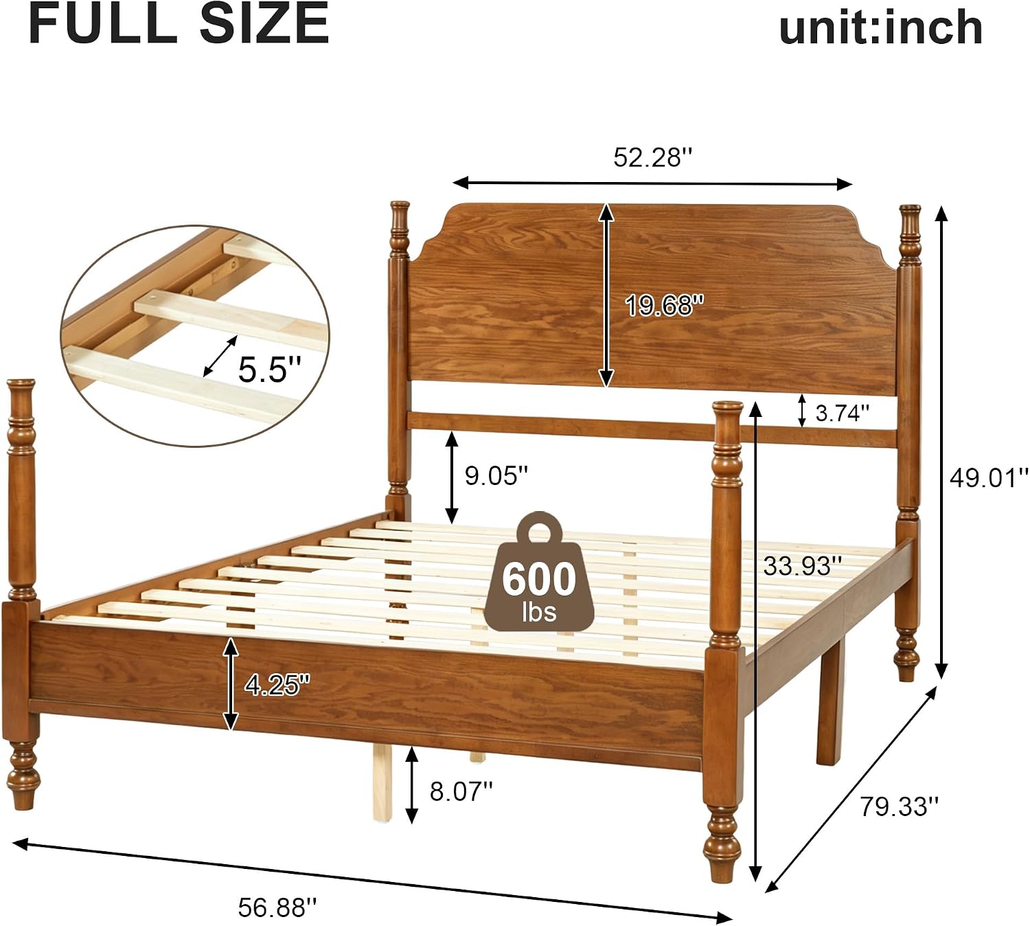 Merax Vintage Wood Spindle Post Bed with Headboard, Full Size Traditional Platform Bed Frame/No Box Spring Needed/Easy Assemble, Light Walnut