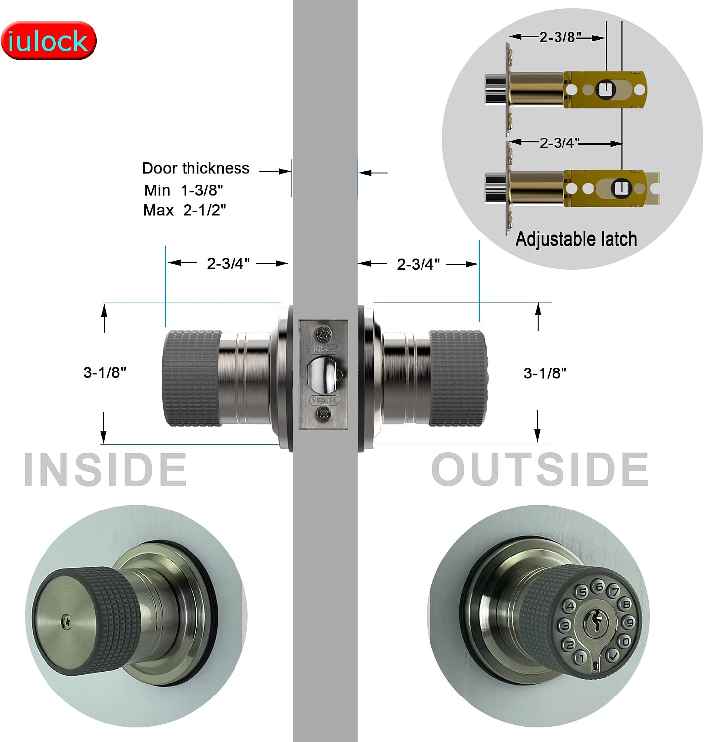 iulock Smart Door Knob with Keypad and Key,Keyless Entry Door Lock with Rubber Grip, Auto Lock,50 User Code,Waterproof, Easy to Install and Program for Bedroom(Stain Nickel Same Key 4 Pack)