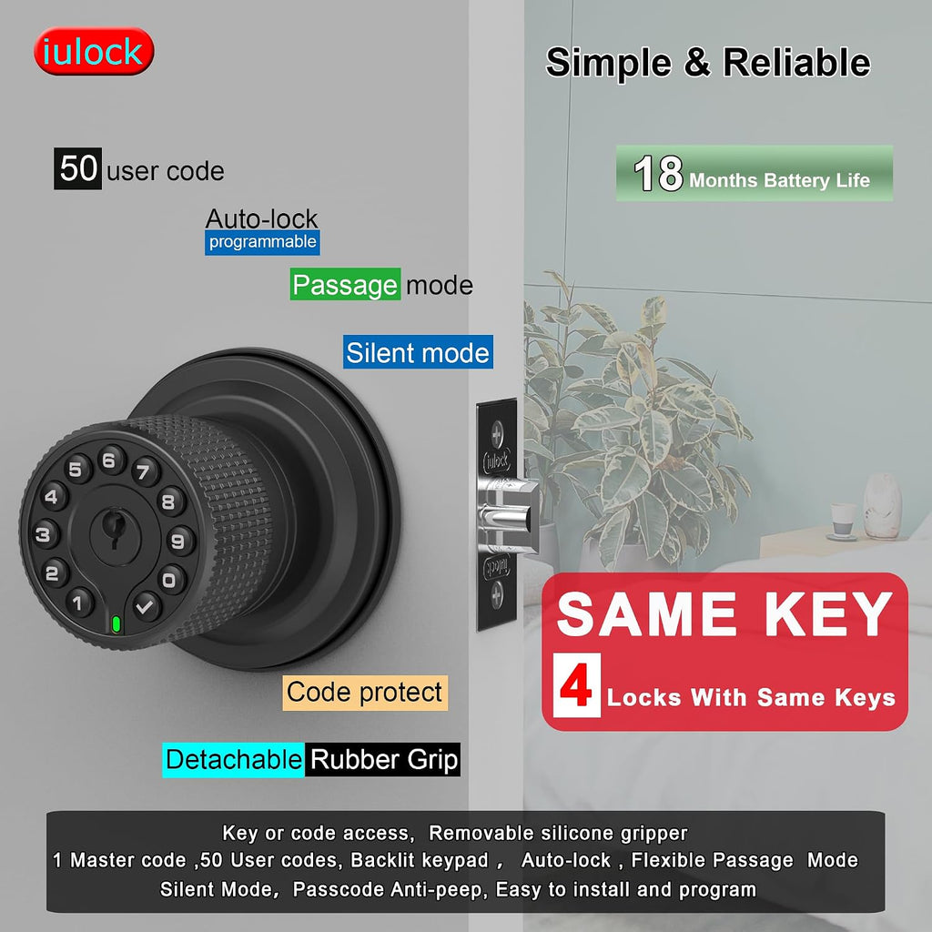 iulock Smart Door Knob with Keypad and Key,Keyless Entry Door Lock with Rubber Grip, Auto Lock,50 User Code,Waterproof, Easy to Install and Program for Bedroom (Matte Black Same Key 4 Pack)