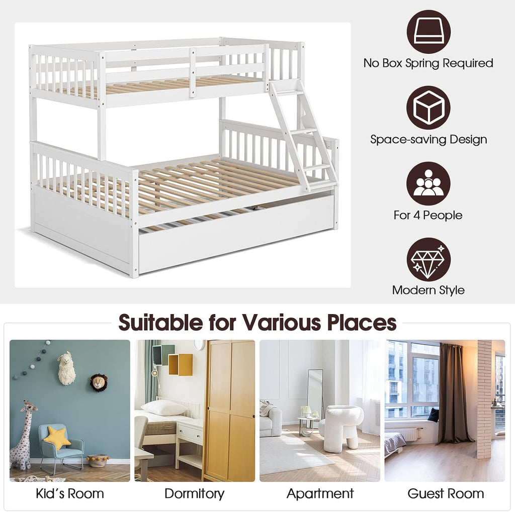 Giantex Twin Over Full Bunk Bed with Trundle, Convertible Platform Bed Frame with Ladder, Solid Wood Frame & Safety High Guardrails, Space-Saving Bunk Bed for Teens & Kids, No Box Spring Needed, White