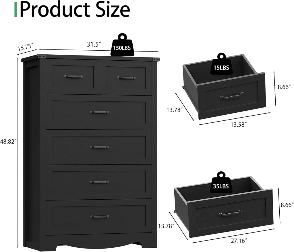 Dresser for Bedroom with 6 Drawers, 49' Tall Wood Chest of Drawers with Deep Drawers & Mental Handle, Modern Dresser TV Stand, Wooden Closet Storage Organizer for Living Room, Hallway, Entryway, Black