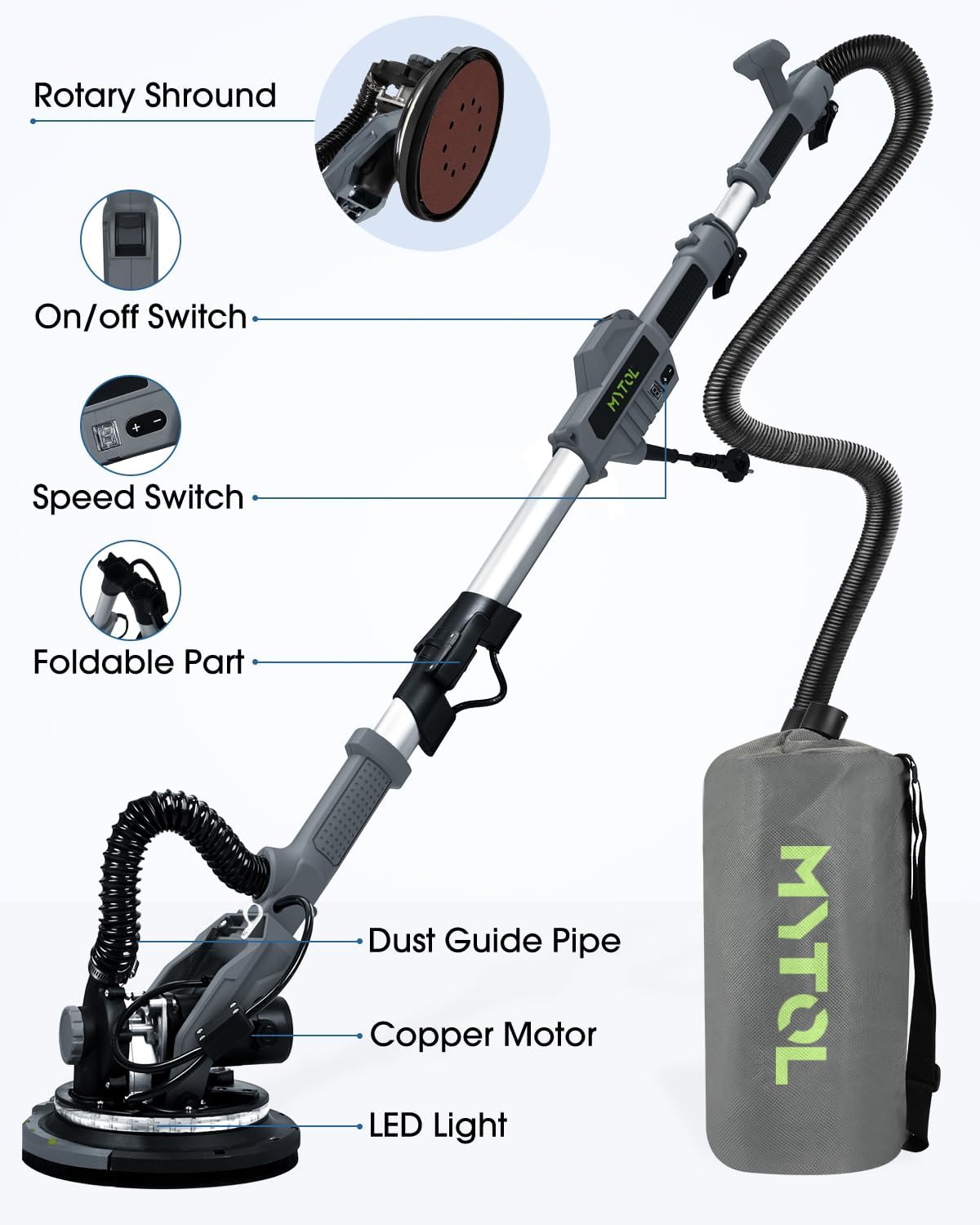 MYTOL Drywall Sander, 7.2A Electric Drywall Sander with Vacuum Dust Collection, 6 Variable Speed 900-1800RPM, LED Light, Foldable & Extendable Handle, 9 Pcs Sandpaper&3 Pcs Grid Sandpaper, Full Green