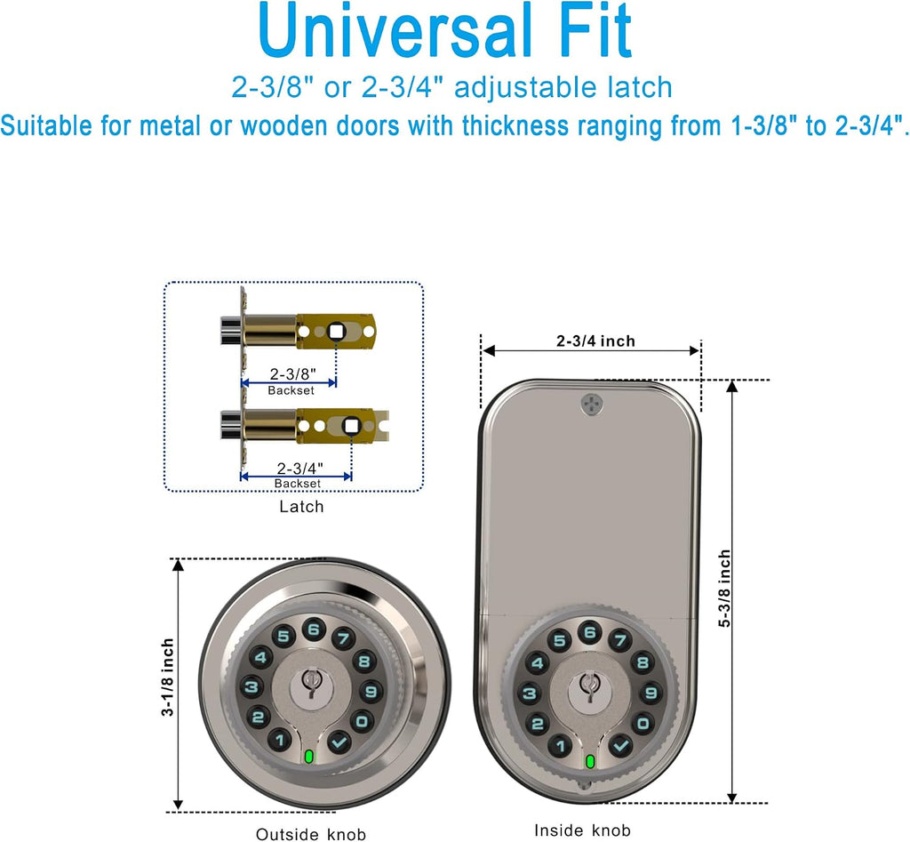 Double Sided Keypad Door Knob with Dual Cylinders and Key Alike, iuknob Keyless Entry Smart Door Lock for Entrance, Fence, Gate, Swimming Pool,Waterproof and Weatherproof for Outdoor & Interior Door.
