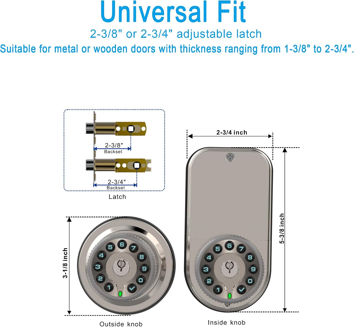 Double Sided Keypad Door Knob with Dual Cylinders and Key Alike, iuknob Keyless Entry Smart Door Lock for Entrance, Fence, Gate, Swimming Pool,Waterproof and Weatherproof for Outdoor & Interior Door.