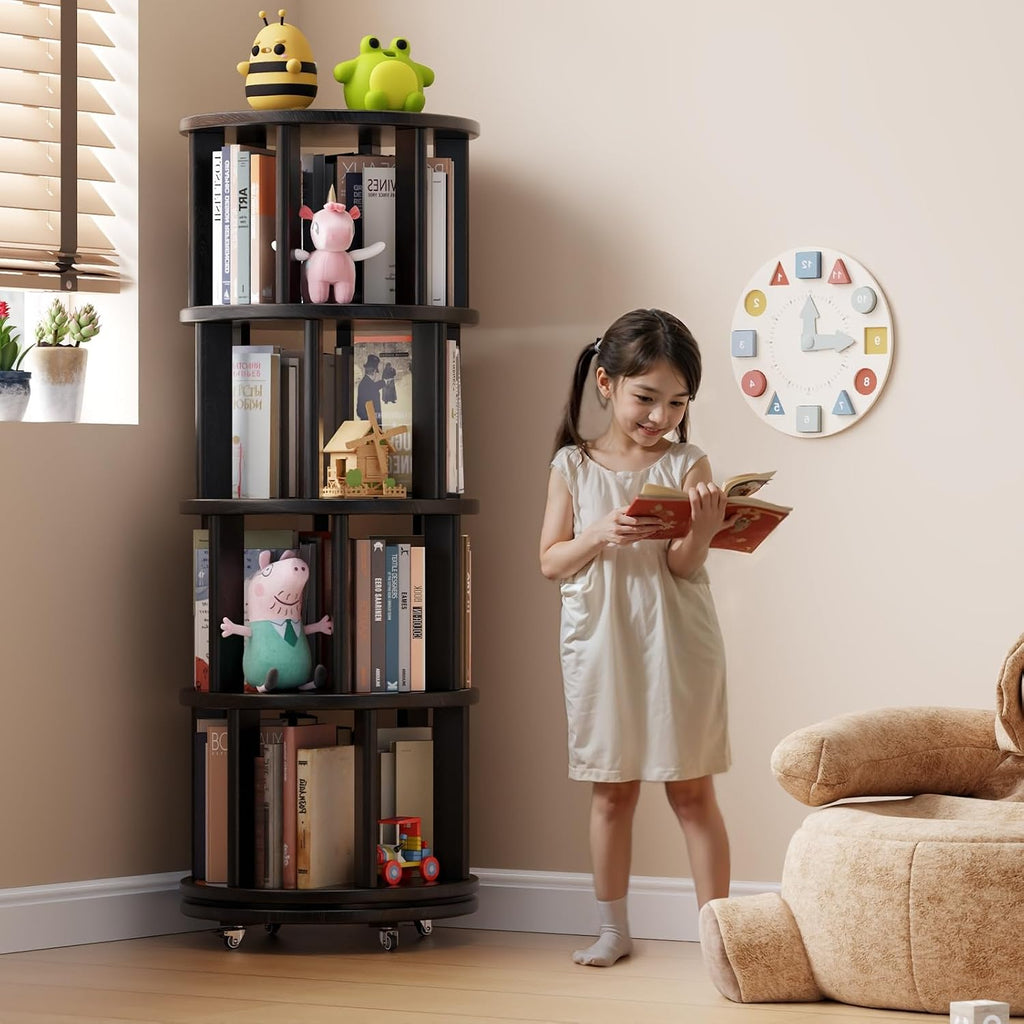Muwuele Solid Wood Rotating Bookshelf on Wheels, 4 Tier, Round Revolving Bookcase, 360° Spinning Book Shelf Tower for Kids, Narrow Rolling Bookshelves for Small Space, Corner, Bedroom, Office, Black