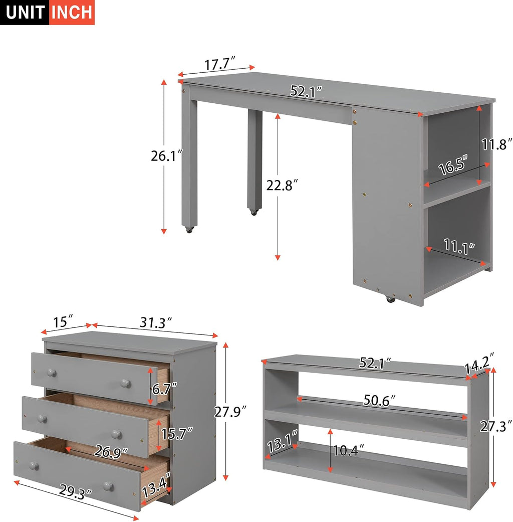 JIVOIT Full Size Low Loft Bed with Rolling Portable Desk, Wooden Loft Bed with Cabinet/Bookshelf/Drawers/Open Shelves for Kids Teens Adults, No Box Spring Required (Gray-Full-Rolling Portable Desk)