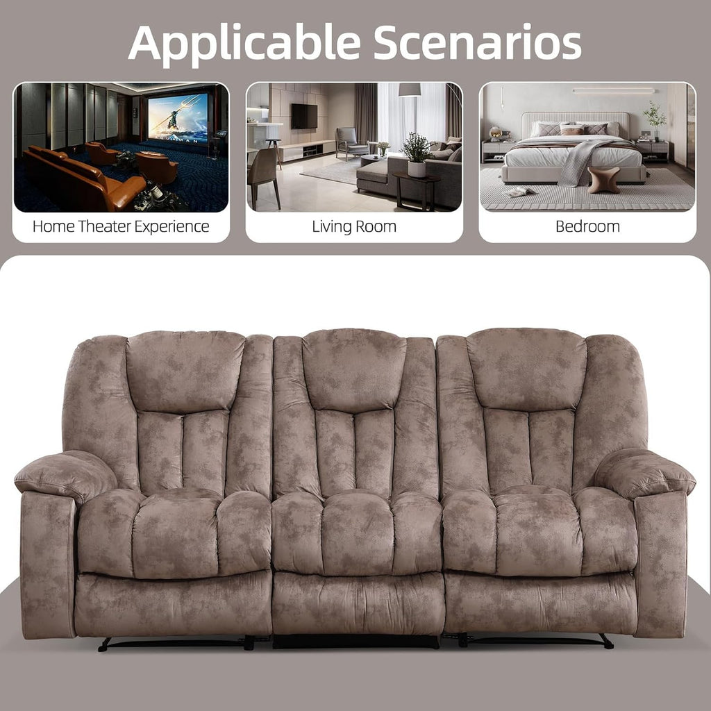EBELLO Reclining Living Room Set, Soft Fabric Manual Recliner Sofa Furniture Set, Includes 2 Recliner Chairs with Massage and Heat and 3 Seat Sofa, Light Brown