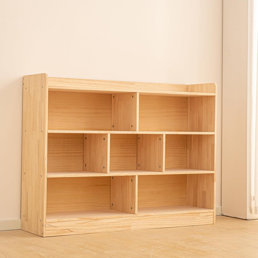 Wooden 7 Compartment Storage Cabinet Organizer Kids 3 Tier Wood Bookshelf School Storage Shelf Classroom Furniture for Kids Natural (47.24' L x 11.81' W x 35.43' H)